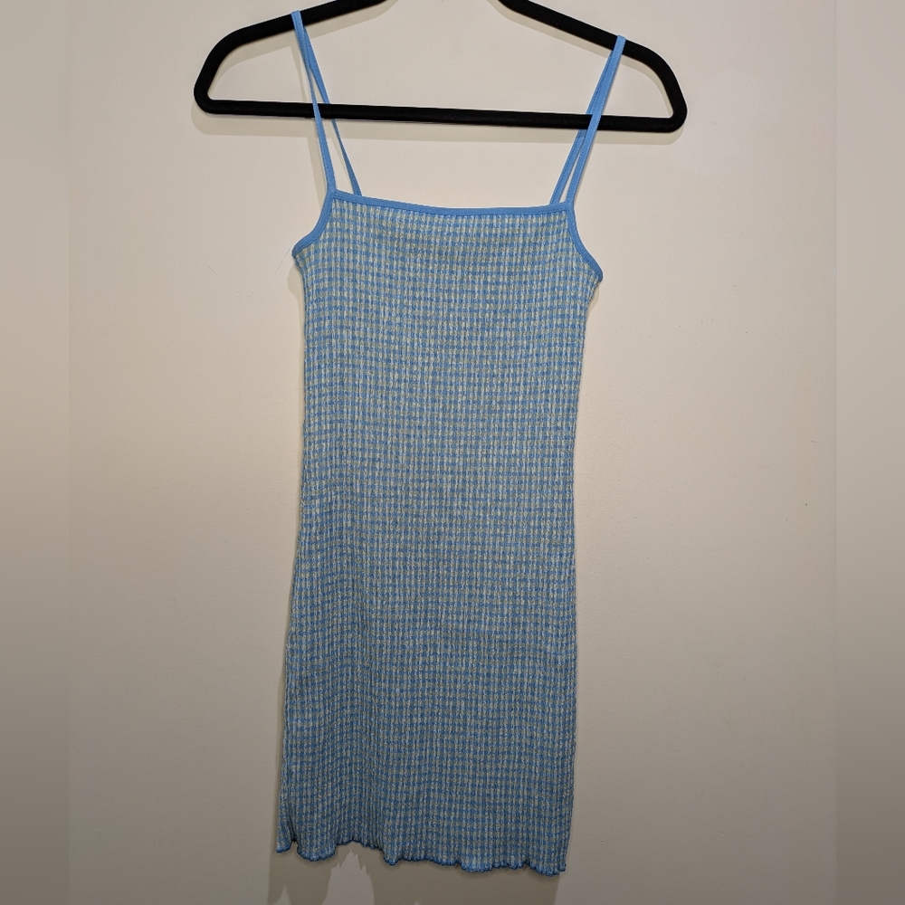Aritzia Wilfred Jazz Stripe Mini Dress Blue Check Bodycon Gingham Size XS